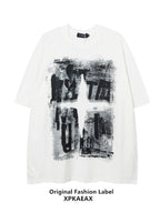 XPKAEAX Dark Graffiti Drop Shoulder Oversized Women's Pure Cotton Short Sleeve T-shirts