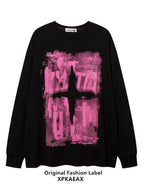 XPKAEAX Dark Graffiti Drop Shoulder Oversized Women's Pure Cotton Short Sleeve T-shirts
