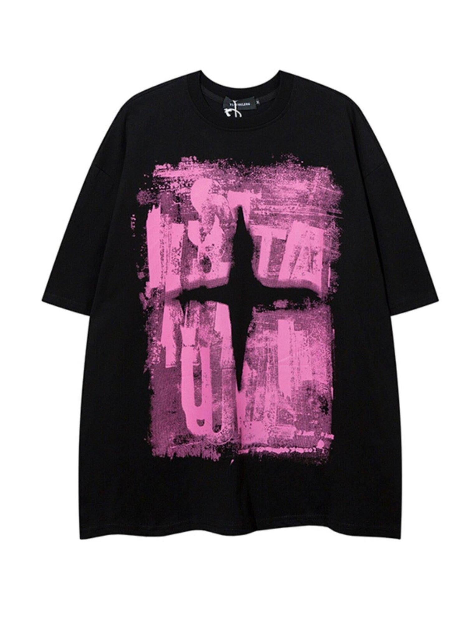 XPKAEAX Dark Graffiti Drop Shoulder Oversized Women's Pure Cotton Short Sleeve T-shirts