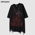XPKAEAX Dark Punk Ripped Chain Retro Print Women's Cotton Short Sleeve T-shirts 786799439068