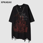 XPKAEAX Dark Punk Ripped Chain Retro Print Women's Cotton Short Sleeve T-shirts 786799439068