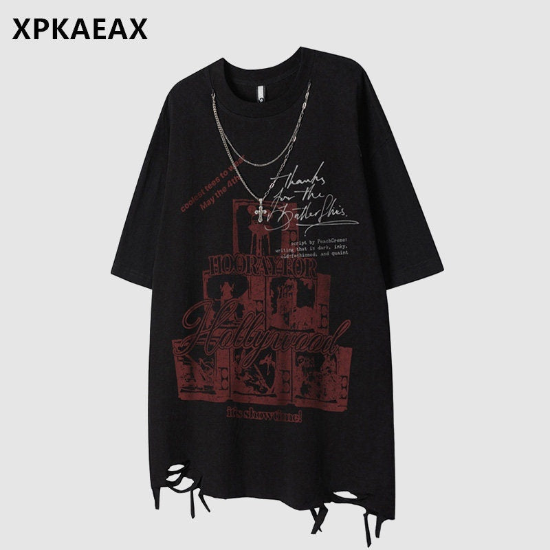 XPKAEAX Dark Punk Ripped Chain Retro Print Women's Cotton Short Sleeve T-shirts 786799439068