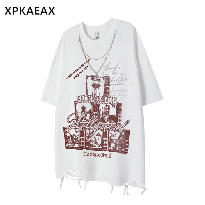 XPKAEAX Dark Punk Ripped Chain Retro Print Women's Cotton Short Sleeve T-shirts 786799439068