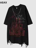 XPKAEAX Dark Punk Ripped Chain Retro Print Women's Cotton Short Sleeve T-shirts
