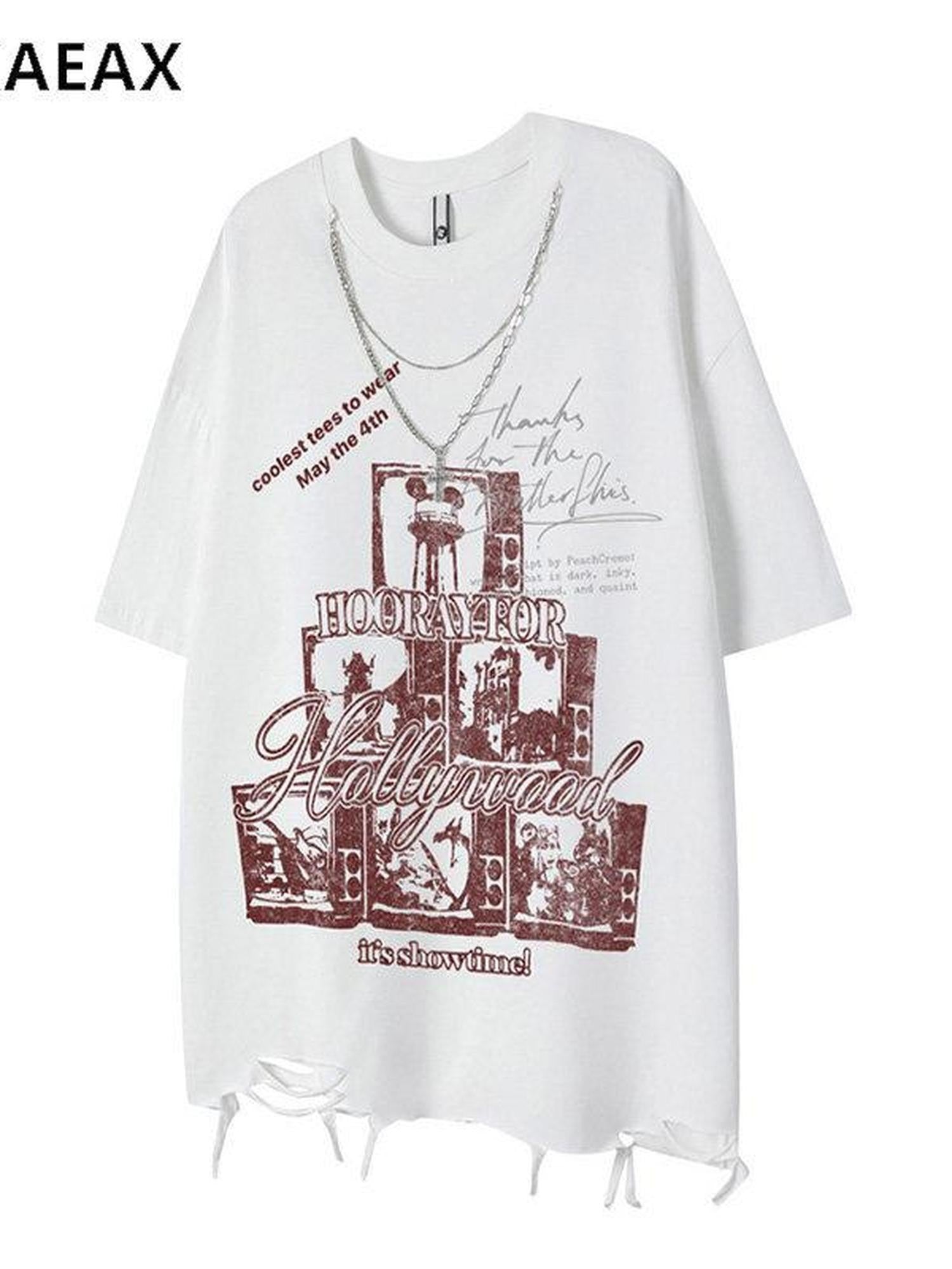 XPKAEAX Dark Punk Ripped Chain Retro Print Women's Cotton Short Sleeve T-shirts