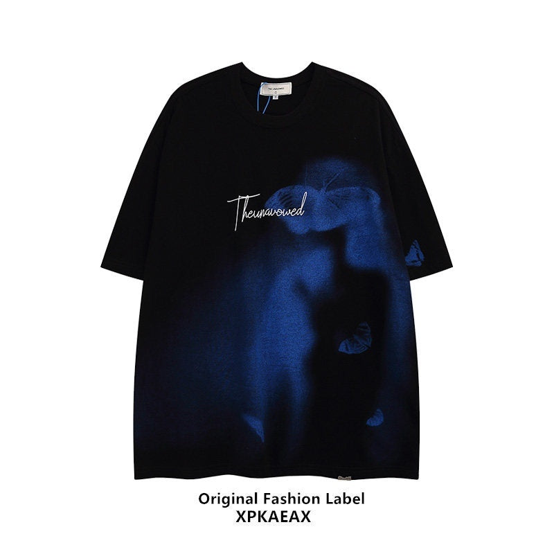 XPKAEAX Dark Tie Dye Letter Print Drop Shoulder Women's Short Sleeve T-shirts 666464840564