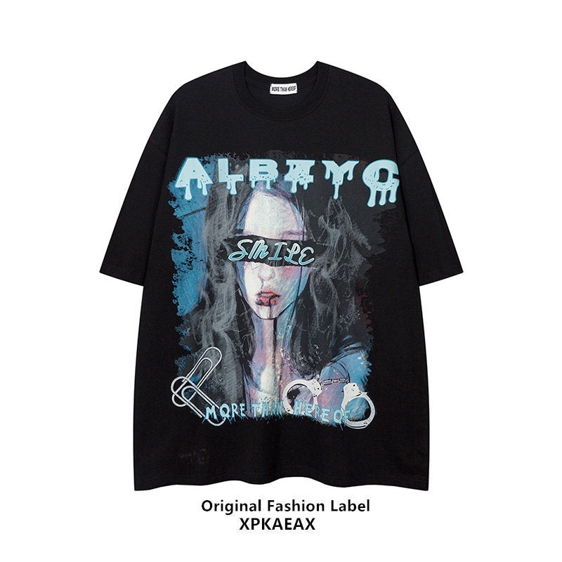 XPKAEAX Dark Vintage Hong Kong Oil Painting Print Oversize Women's Short Sleeve T-shirts 697526318631