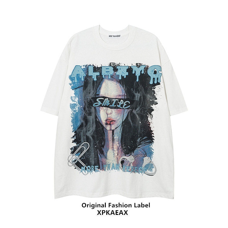 XPKAEAX Dark Vintage Hong Kong Oil Painting Print Oversize Women's Short Sleeve T-shirts 697526318631