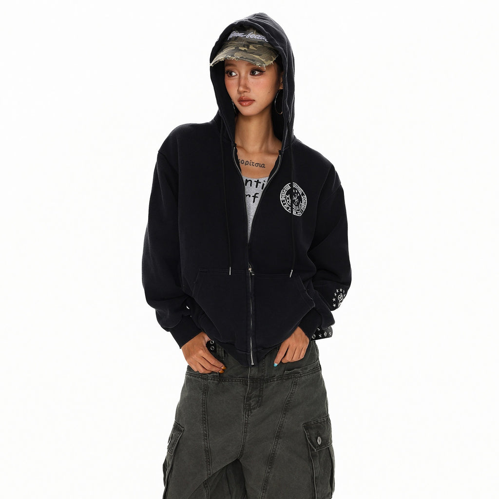XPKAEAX Dark Vintage Printed Lettering Zip Up Rock Street Women's Black Hoodies 976185666652