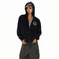 XPKAEAX Dark Vintage Printed Lettering Zip Up Rock Street Women's Black Hoodies 976185666652