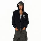 XPKAEAX Dark Vintage Printed Lettering Zip Up Rock Street Women's Black Hoodies 976185666652