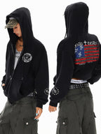 XPKAEAX Dark Vintage Printed Lettering Zip Up Rock Street Women's Black Hoodies