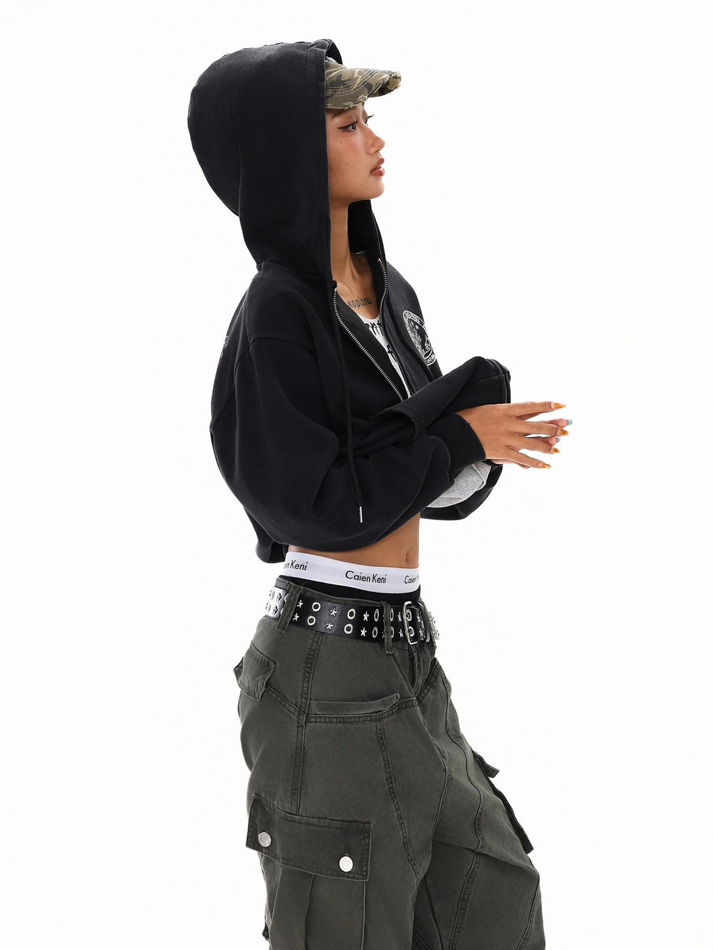 XPKAEAX Dark Vintage Printed Lettering Zip Up Rock Street Women's Black Hoodies