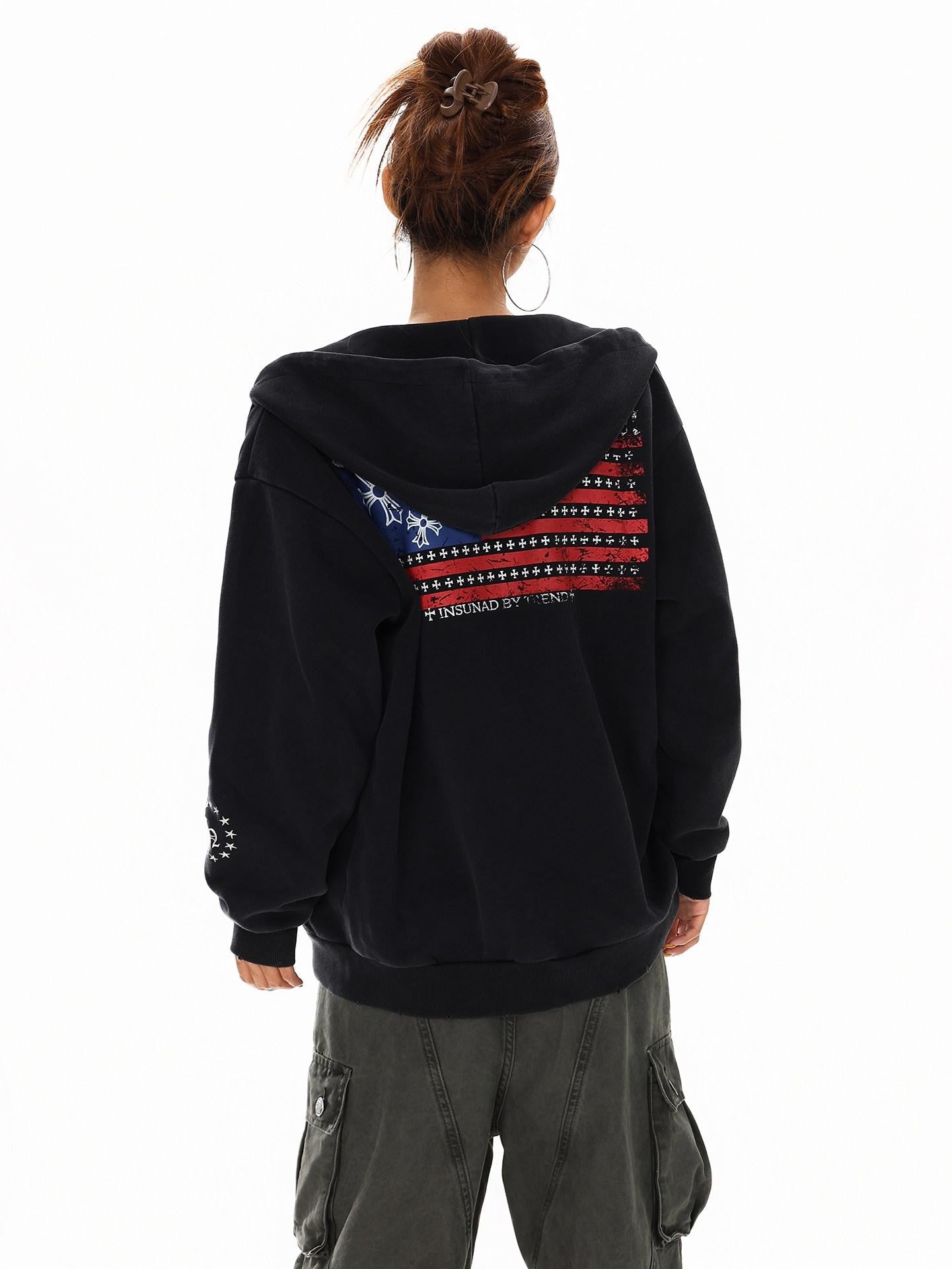 XPKAEAX Dark Vintage Printed Lettering Zip Up Rock Street Women's Black Hoodies
