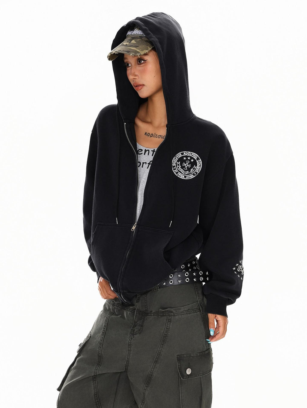 XPKAEAX Dark Vintage Printed Lettering Zip Up Rock Street Women's Black Hoodies