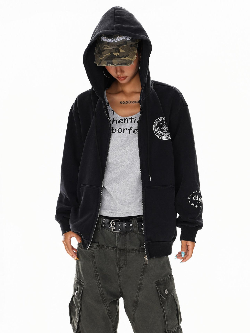 XPKAEAX Dark Vintage Printed Lettering Zip Up Rock Street Women's Black Hoodies