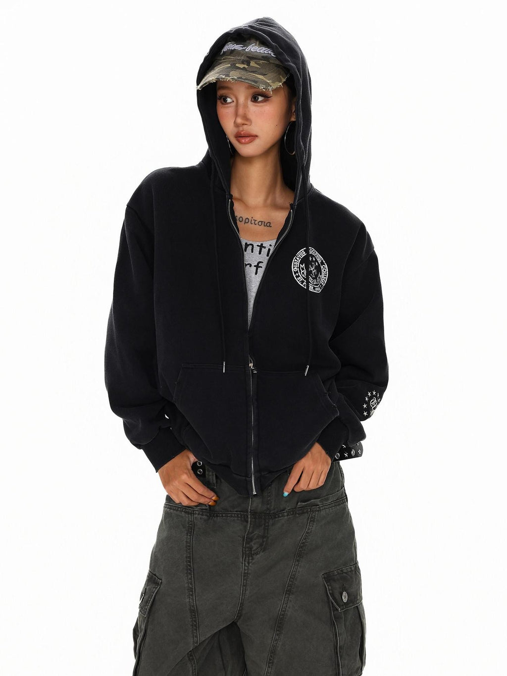XPKAEAX Dark Vintage Printed Lettering Zip Up Rock Street Women's Black Hoodies