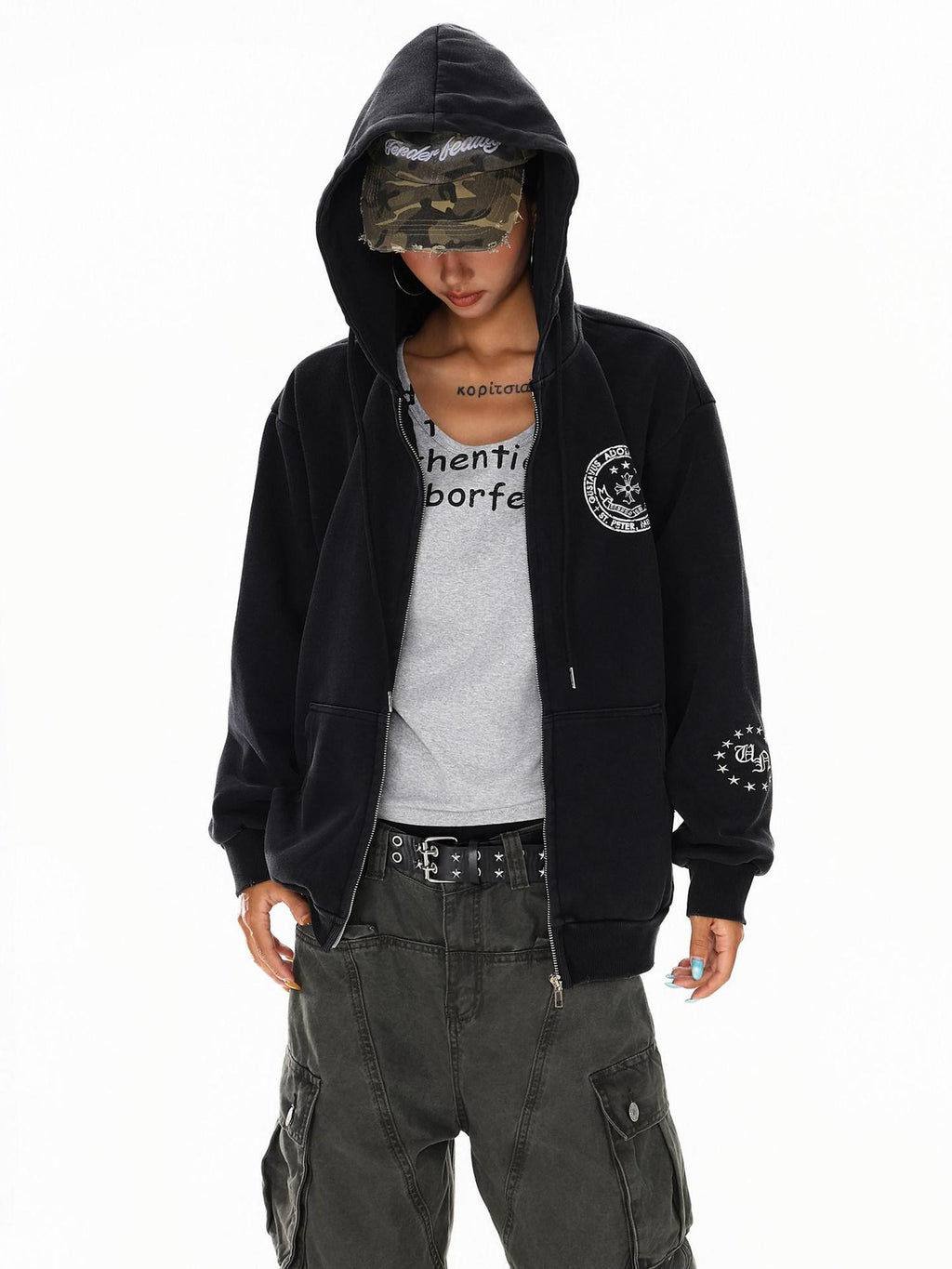 XPKAEAX Dark Vintage Printed Lettering Zip Up Rock Street Women's Black Hoodies