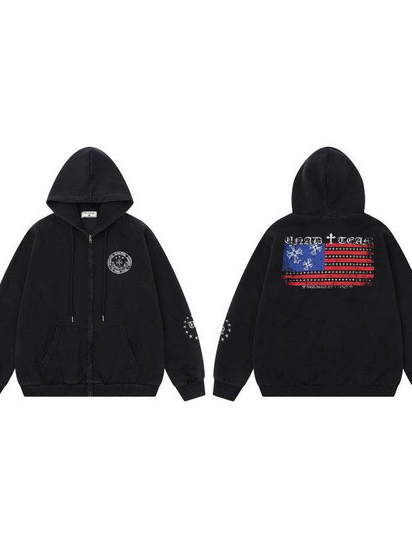 XPKAEAX Dark Vintage Printed Lettering Zip Up Rock Street Women's Black Hoodies