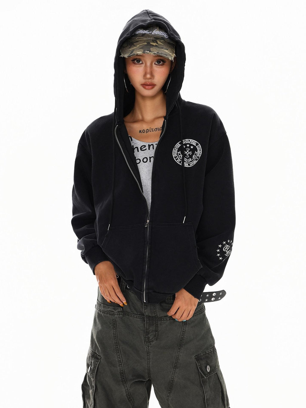 XPKAEAX Dark Vintage Printed Lettering Zip Up Rock Street Women's Black Hoodies