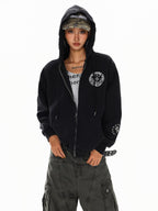 XPKAEAX Dark Vintage Printed Lettering Zip Up Rock Street Women's Black Hoodies