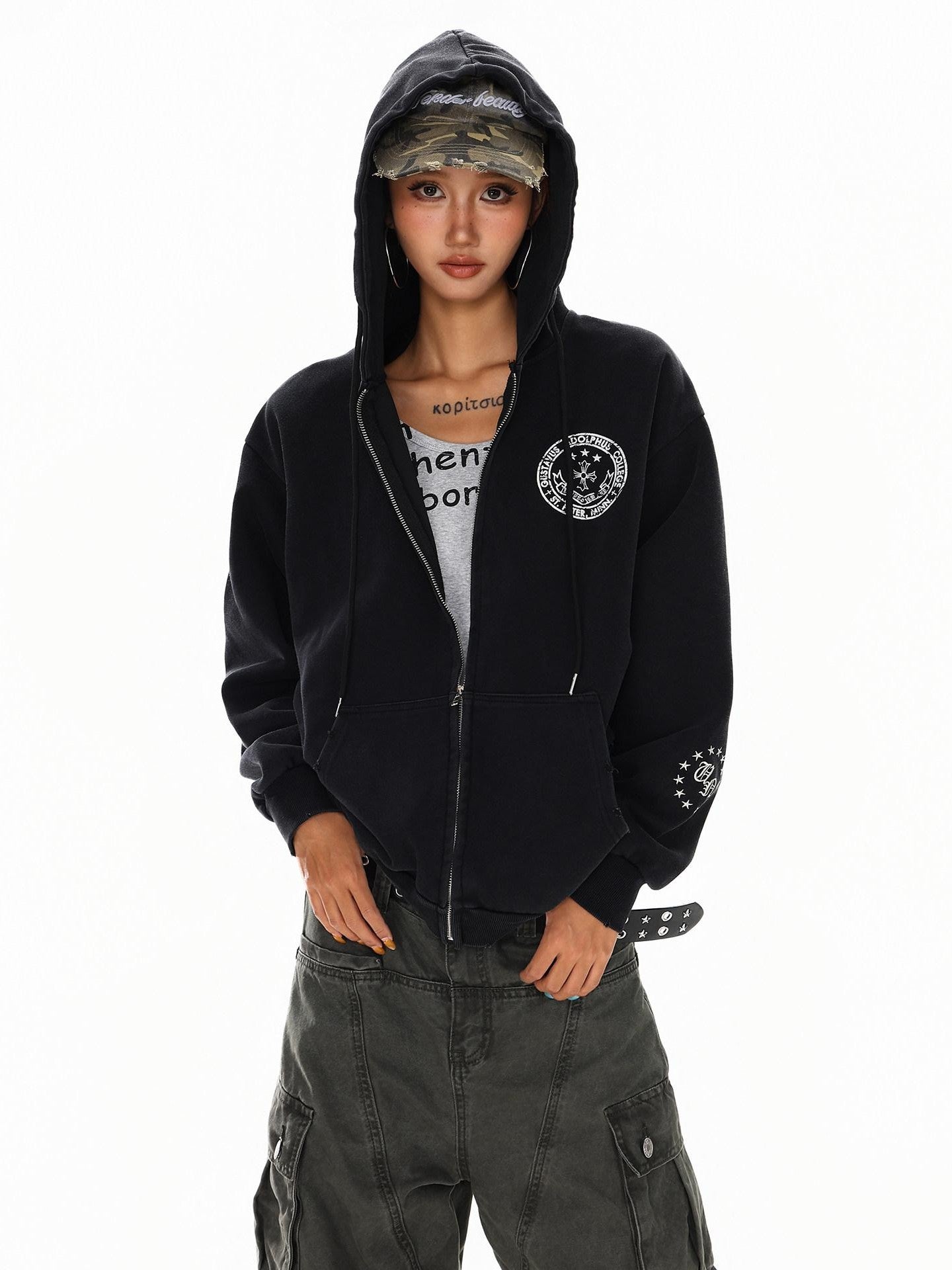 XPKAEAX Dark Vintage Printed Lettering Zip Up Rock Street Women's Black Hoodies