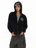 XPKAEAX Dark Vintage Printed Lettering Zip Up Rock Street Women's Black Hoodies