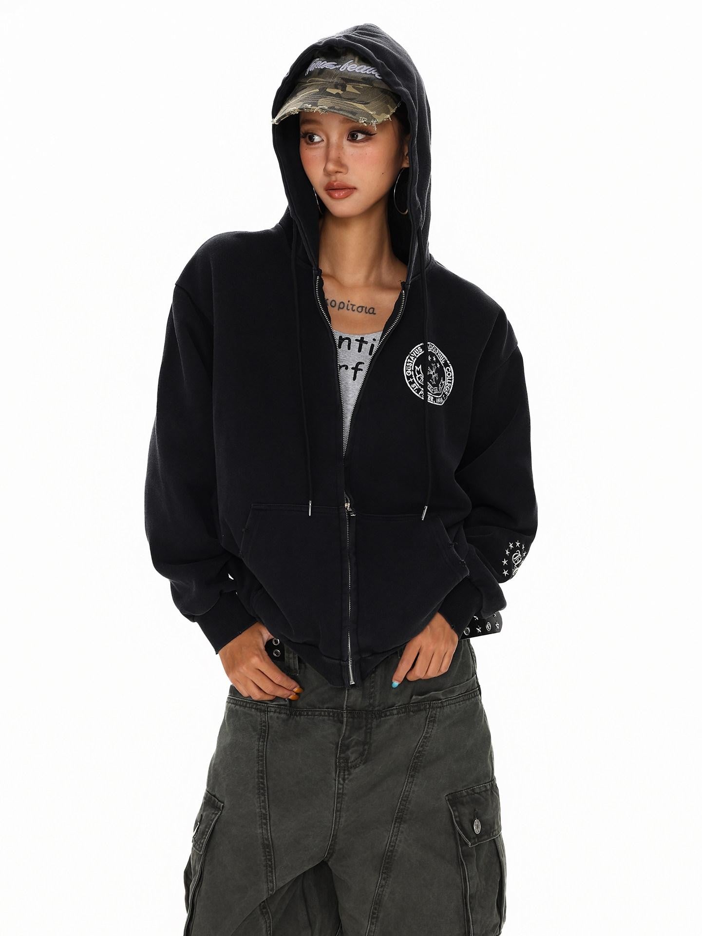 XPKAEAX Dark Vintage Printed Lettering Zip Up Rock Street Women's Black Hoodies