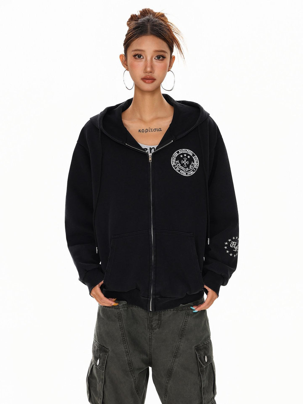 XPKAEAX Dark Vintage Printed Lettering Zip Up Rock Street Women's Black Hoodies