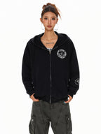 XPKAEAX Dark Vintage Printed Lettering Zip Up Rock Street Women's Black Hoodies