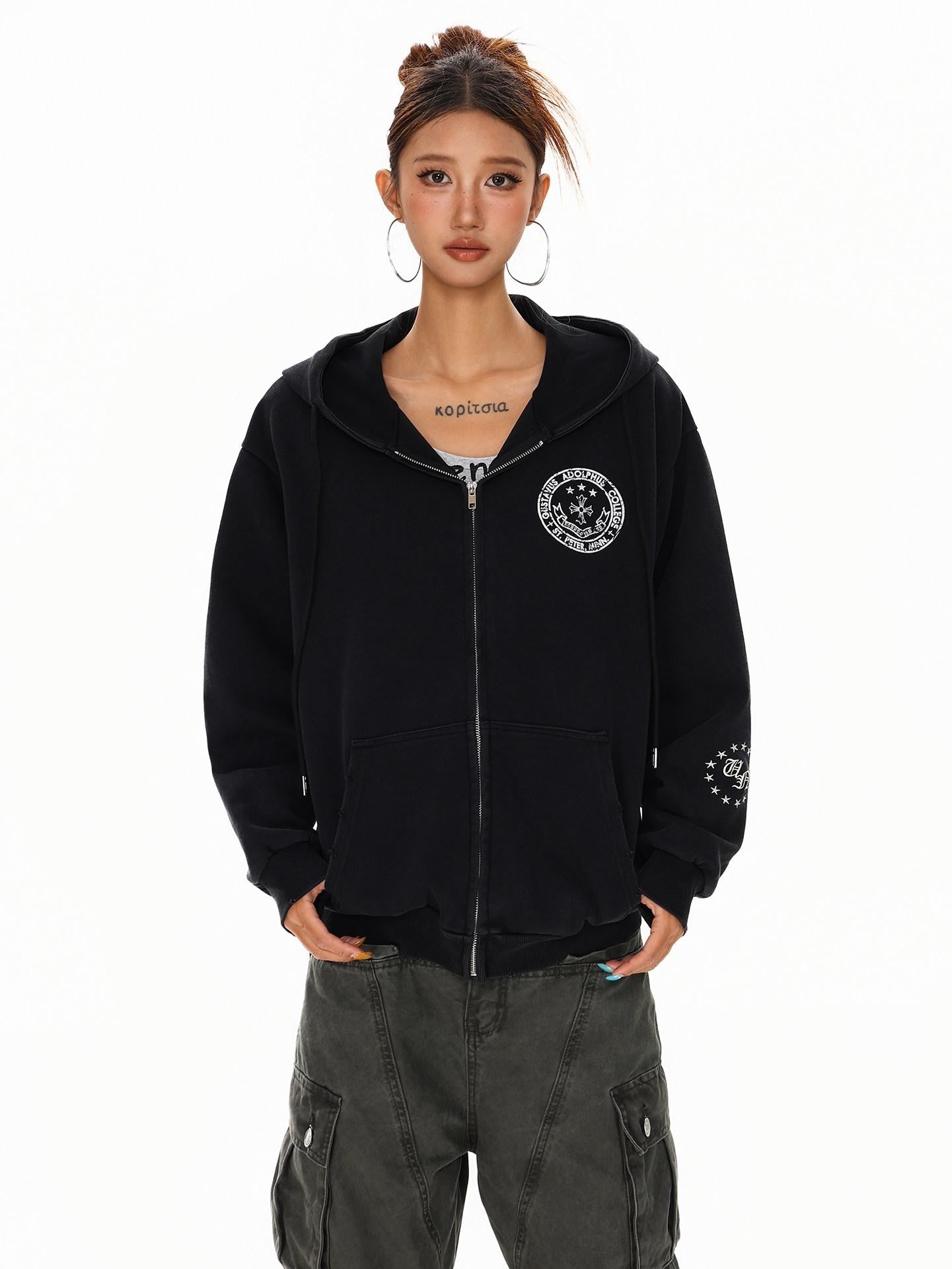 XPKAEAX Dark Vintage Printed Lettering Zip Up Rock Street Women's Black Hoodies