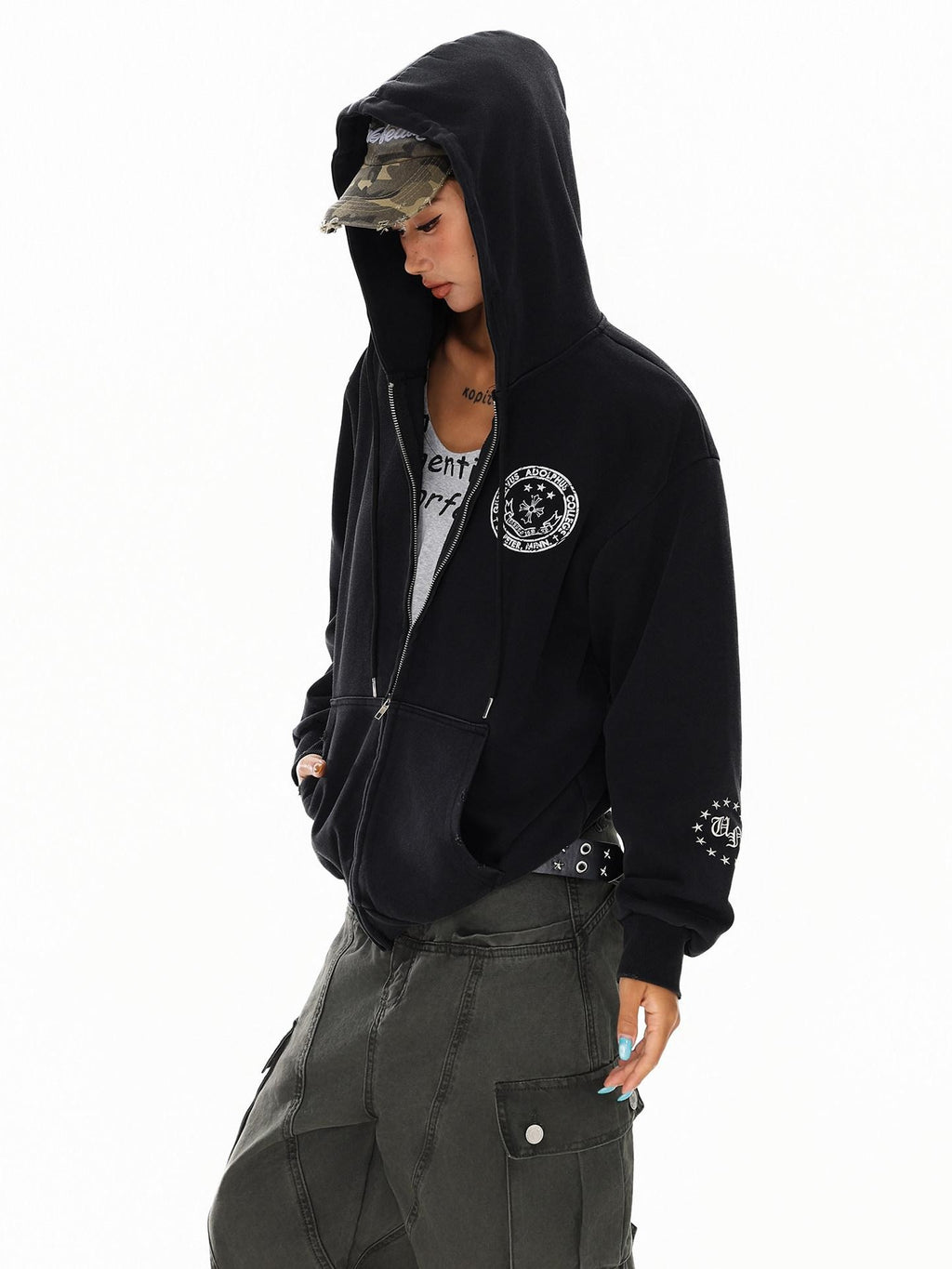 XPKAEAX Dark Vintage Printed Lettering Zip Up Rock Street Women's Black Hoodies
