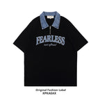 XPKAEAX Denim Collar Letter Print Drop Shoulder Women's Loose Short Sleeve T-shirts 669953608512