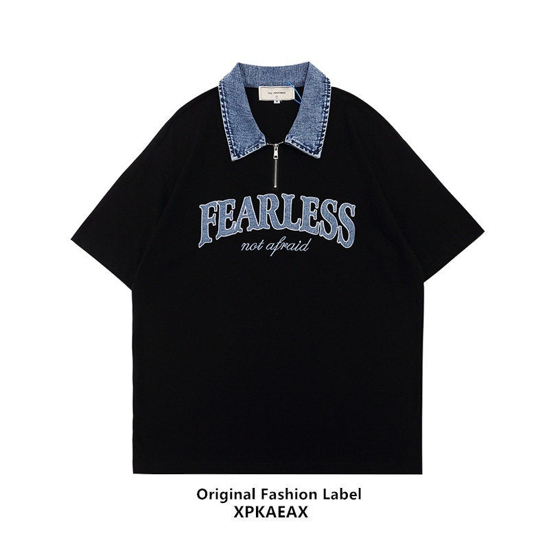 XPKAEAX Denim Collar Letter Print Drop Shoulder Women's Loose Short Sleeve T-shirts 669953608512