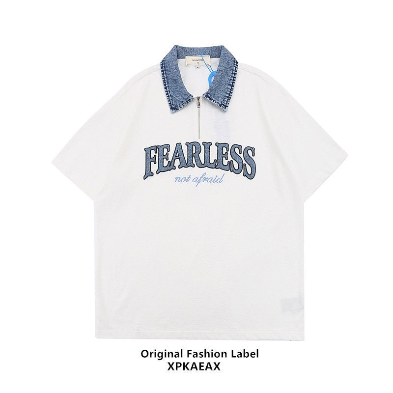 XPKAEAX Denim Collar Letter Print Drop Shoulder Women's Loose Short Sleeve T-shirts 669953608512