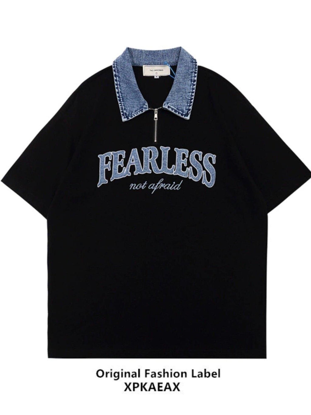 XPKAEAX Denim Collar Letter Print Drop Shoulder Women's Loose Short Sleeve T-shirts