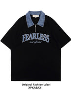 XPKAEAX Denim Collar Letter Print Drop Shoulder Women's Loose Short Sleeve T-shirts