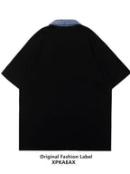 XPKAEAX Denim Collar Letter Print Drop Shoulder Women's Loose Short Sleeve T-shirts