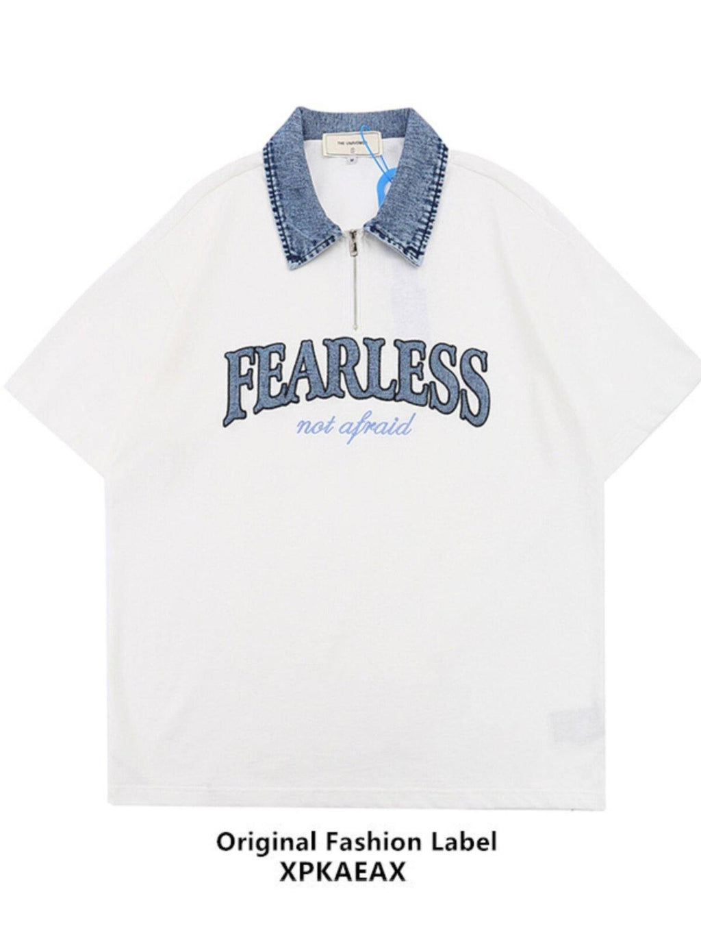 XPKAEAX Denim Collar Letter Print Drop Shoulder Women's Loose Short Sleeve T-shirts