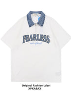 XPKAEAX Denim Collar Letter Print Drop Shoulder Women's Loose Short Sleeve T-shirts