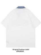 XPKAEAX Denim Collar Letter Print Drop Shoulder Women's Loose Short Sleeve T-shirts
