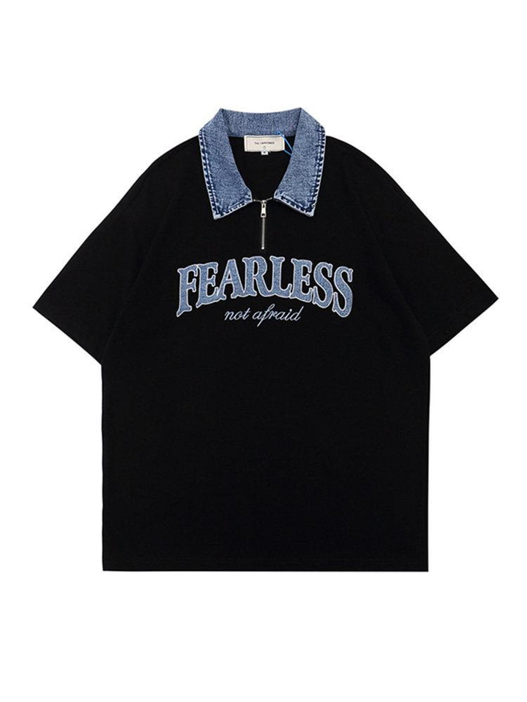 XPKAEAX Denim Collar Letter Print Drop Shoulder Women's Loose Short Sleeve T-shirts