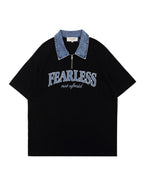 XPKAEAX Denim Collar Letter Print Drop Shoulder Women's Loose Short Sleeve T-shirts