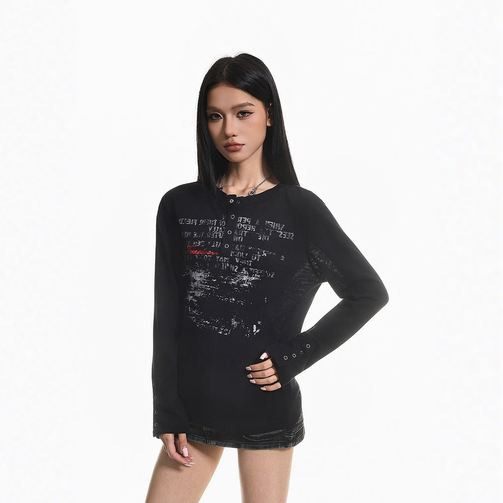 XPKAEAX Distressed Letter Print Half Placket Round Neck Women's Long Sleeve T-shirts 1024504282815