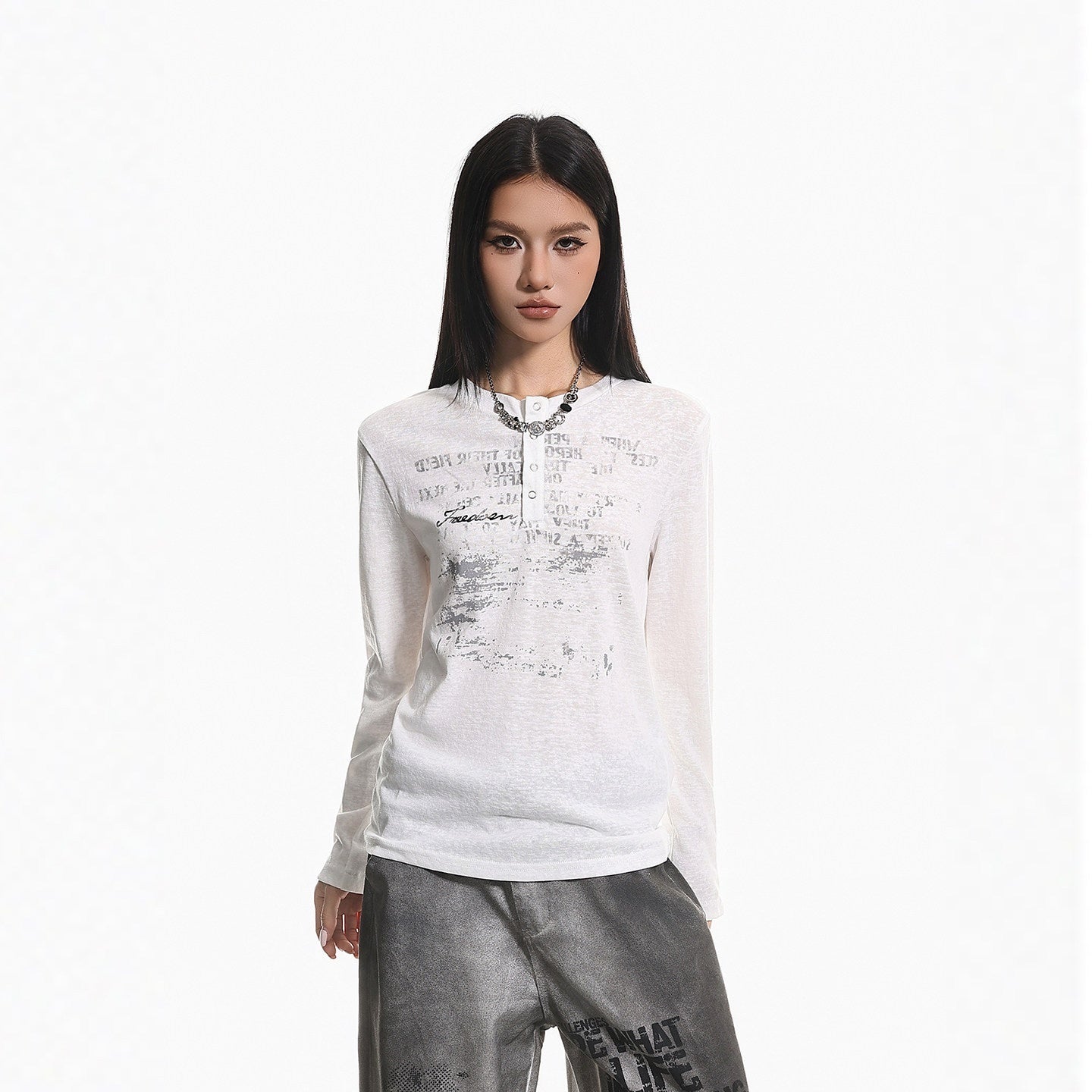 XPKAEAX Distressed Letter Print Half Placket Round Neck Women's Long Sleeve T-shirts 1024504282815