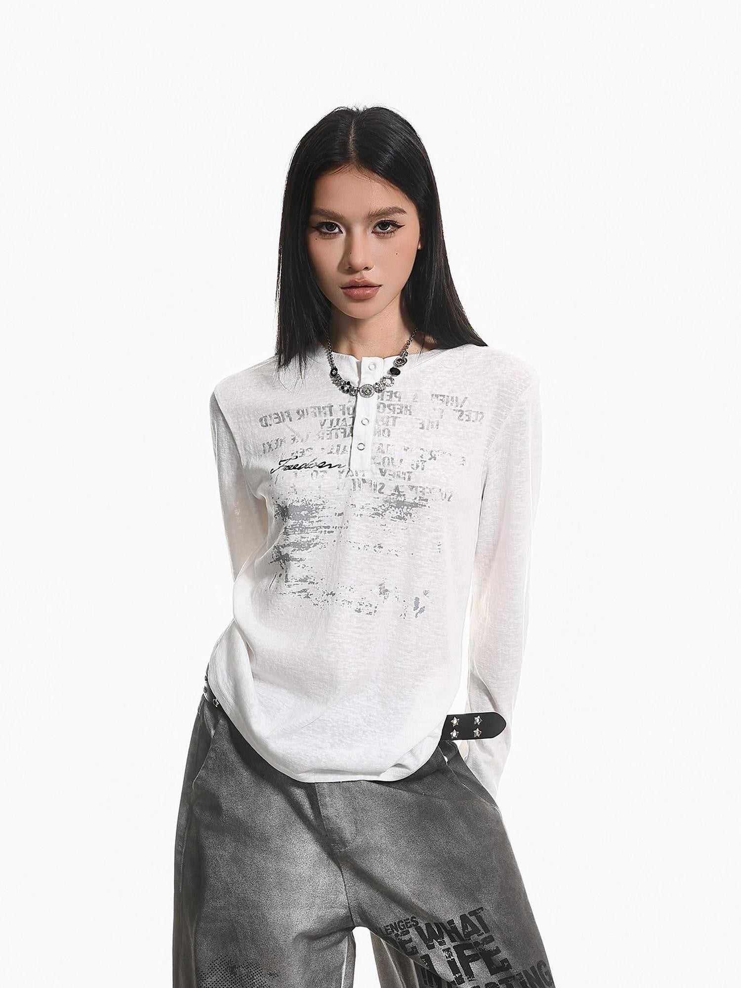 XPKAEAX Distressed Letter Print Half Placket Round Neck Women's Long Sleeve T-shirts