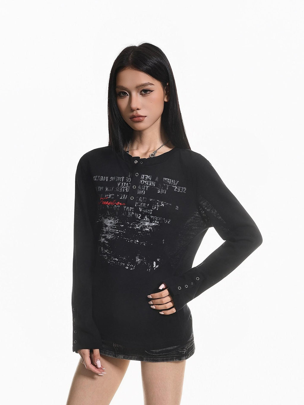 XPKAEAX Distressed Letter Print Half Placket Round Neck Women's Long Sleeve T-shirts