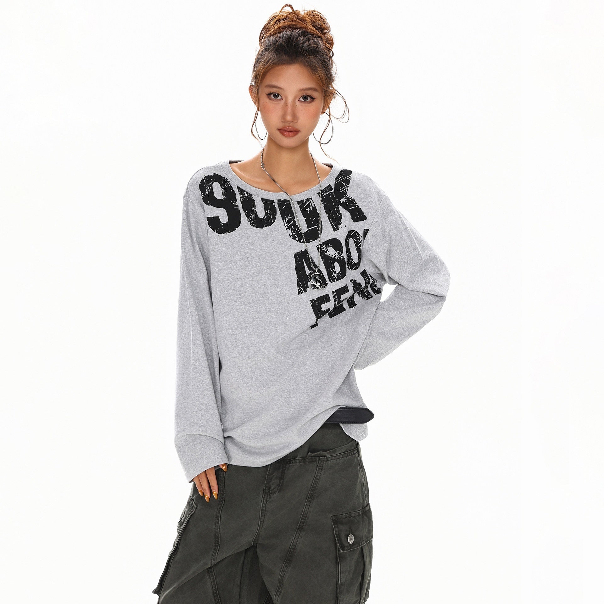 XPKAEAX Distressed Letter Print Off Shoulder Slouchy Women's Long Sleeve T-shirts 970582012494