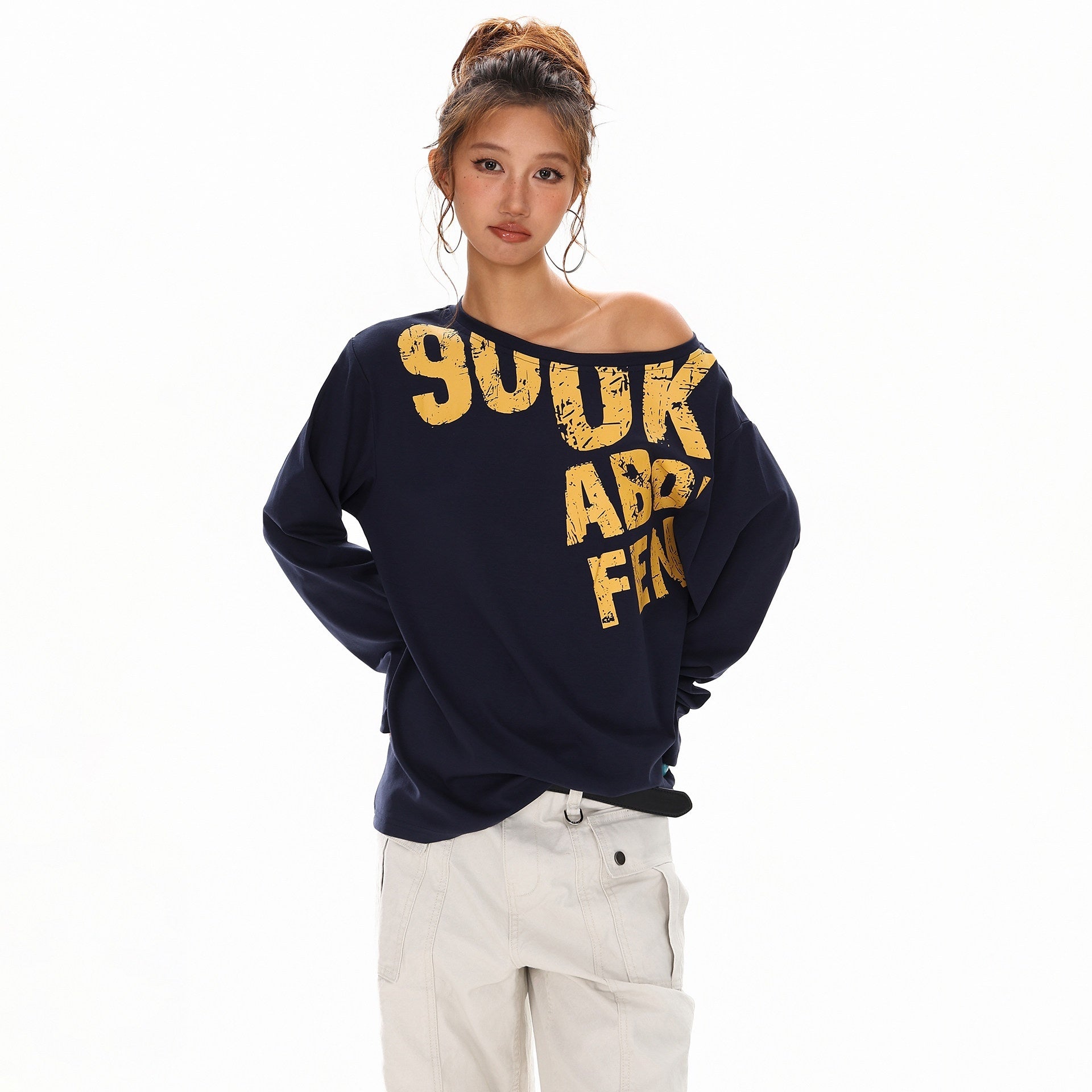 XPKAEAX Distressed Letter Print Off Shoulder Slouchy Women's Long Sleeve T-shirts 970582012494