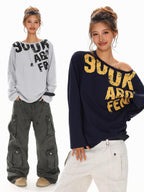 XPKAEAX Distressed Letter Print Off Shoulder Slouchy Women's Long Sleeve T-shirts